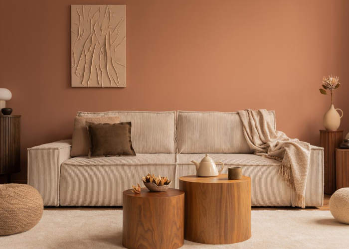 salon dans les tons beige/marron avec un canapé en velours et des meubles en bois